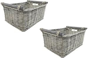 topfurnishing KITCHEN LOG FIREPLACE WICKER STORAGE BASKET WITH HANDLES XMAS EMPTY HAMPER BASKET [Grey,Set of 2 Small 31x25x16cm]