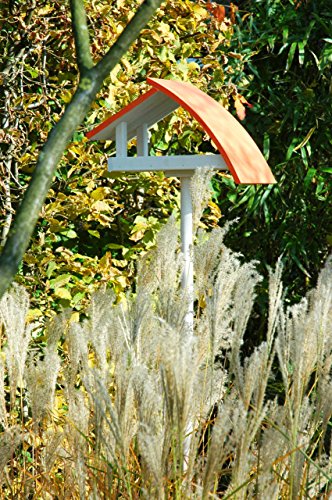Luxus-Vogelhaus 31012e Design Vogelhaus „New Wave“ aus Holz (Kiefer) für Garten, Balkon, mit Ständer, Schrägdach, Farbe: weiߟ-orange – Vogelhäuschen Vogel-Futterhaus - 2