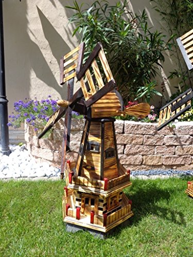 Holz & Garten Windmühle 130 cm, zweistöckig 2 Balkone aus Holz, garten windmühlen, behandelt / imprägniert, Seitenruder/Windfahne, komplett mit Solar, Solarbeleuchtung DOPPEL-SOLAR LICHT WMH130ng-MS 1,30 m groß in schwarz / dunkel feuer-geflammt (echt geflammt / gebrannt), NATUR-GEFLAMMT - 4