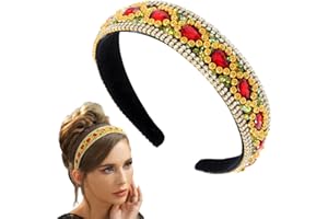 Flayem Rhinestone Headband Vintage Sparkly Red Crystal Headband Gorgeous Padded Wide Hair Band Jewelry Accessories Prom Banquet Christmas Headwear for Women and Girls (Gold and Red)