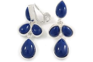 AVALAYA Stylish Blue Ink Acrylic Bead Drop Clip On Earrings In Silver Plated Finish - 38mm Tall