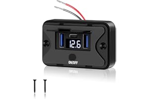 Ktilura USB Car Charger Socket,12V 3 Port Fast Charging Outlet with LED Digital Voltmeter and ON/Off Button,Dual 18W QC3.0 & 30W PD Quick Charge Socket for 12V/24V Motorcycles,Boats,RVs,Trucks