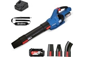 DONG CHENG DongCheng Souffleur à feuilles sans fil 18 V Technologie turbine à vitesse continue 192 km/h 825 m³/h avec 3 buses Batterie 4 Ah et chargeur pour feuilles de masse et déchets tenaces dans les jardins,