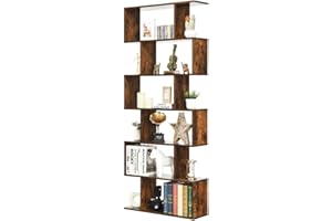 SFAREST 5/6 Tier Bookcase, Wooden S-Shaped Bookshelf, Freestanding Shelving Display Storage Organizer Unit for Living Room Study Room Office (Coffee, 80 x 23 x 192cm)