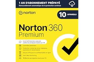 Norton 360 Premium 2026 |10 Appareils | 1 An d'Abonnement en renouvellement automatique|Téléchargement