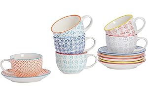 Nicola Spring Patterned Porcelain Cappuccino Cups and Saucers - 6 Individual Designs - 250ml - Set of 6