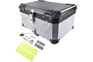 GELUOXI 65L Aluminum Capacity Motorcycle Rear Box Universal Motorbike Top Case Scooter Luggage Storage Tour Tail Box Waterproof Motorcycle Top Case with Security Lock for Luggage Storage Silver