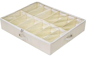 AMONSEN Cesta para zapatos plegable de gran tamaño debajo de la cama con tapa de plástico transparente, beige