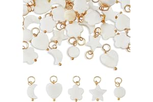SUPERFINDINGS 40Pcs 5 Styles Charms en coquillage d'eau douce Pendentifs en forme d'étoile de lune et de coeur avec anneau de saut doré Charms blanc pour la fabrication de bijoux Trou 4mm
