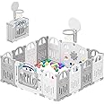 UBRAVOO Foldable Baby Playpen with Mini Basketball Hoop & 50Pcs Coloured Pit Balls, Car Theme Playpen for Baby and Toddlers, Large & Fun Indoor Activity Centre (14-Panel, Grey-White)
