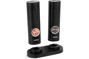 Huslog Macinasale e Pepe Elettrico con Luce LED durante la Macinatura, Funzionamento a Batterie (4×AAA), Grossolanità Regolabile, Contenitore 70 ml, con Base e Spazzola di Pulizia, Nero