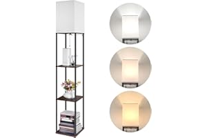 BBHome Moderna Lampada da Terra con Ripiano in legno, 3 Temperatura di Colore Dimmerabile, Lampada da Terra LED per soggiorno, Camera da Letto, Ufficio, Lampadina da 9 W Inclusa, Marrone Rustico