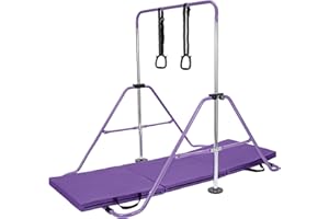 M.J COMFY-LIFE Gymnastics Bar with Three-fold mat and Rings, Horizontal Bar, Kids Gymnastics Equipment-5 adjustable heights-Quick storage