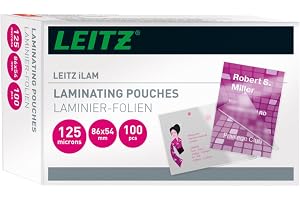 Leitz Varmlamineringsfolier, 125 mic 54 x 86 mm, för laminering av kort, hängen och ID-kort, högkvalitativa lamineringsfilmer i 100-pack, glänsande, transparent, 3810