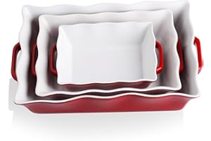 Sweejar Home Casserole Dishes for Oven, Ceramic Bakeware Set of 3, Rectangular Baking dish with Handles, Wave Edge Lasagna Pan Deep for Cooking, Cake, Dinner, Banquet and Daily Use (Red)