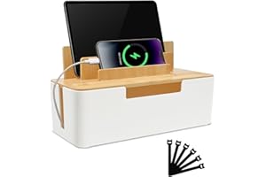 YTACREA Boîte De Rangement pour Câbles avec Couvercle en Bambou, Boite Rangement Cable pour Organiser Câbles et Dissimuler, Boite Cache Cable en Matériau ABS de Sécurité pour Maison Bureau, Blanc