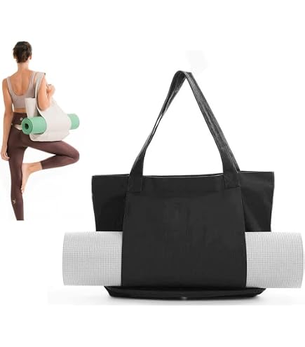 Yuhtech Canvas Yoga Mat Bag - Large Tote With Mat Holder Pocket, 49x40cm, Waterproof, For Pilates, Gym, Travel (White/Green Print)-916777