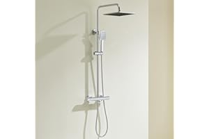 Auralum Columna Ducha con Grifo Termostático Antiquemaduras, Conjunto Columna Cromo con Rociador de 25x25cm, Teleducha, Barra de Ducha de Acero Inoxidable y Flexo de Ducha