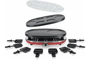 H.Koenig Appareil à Raclette 4en1 Multifonctions 8 personnes Professionnel RP418, Pierre naturelle, 6 mini crêpes pancakes, Grill, Raclette fromage fondue, Température réglable, 8 poêlons antiadhésifs