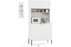 ‎COSTWAY COSTWAY Küchenschrank Holz, Buffetschrank mit Ladestation, Hochschrank mit Türen, Weinglashalter & Arbeitsplatte, Vorratsschrank Aufbewahrungsschrank, für Küche Esszimmer, 80x40x164 cm, Weiß