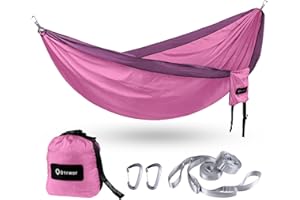 BTRWOR Hamac d'extérieur pour 2 Personnes | Charge maximale de 300 kg | Hamac 2 Places avec Set de Fixation | Ultra-léger Nylon Camping Hamac de Voyage | 290x170cm(Rose de rêve)