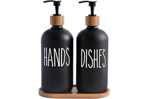 ‎BIKALAN Glas Seifenspender Set, BIKALAN 475ml Seifenspender Schwarz Matt Badezimmer Set mit Tablett, Shampoo Lotion Handseifenspender für Küche Arbeitsplatte