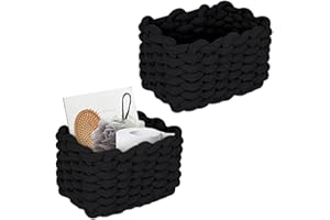 EVDZNA Lot de 2 paniers de rangement en coton tressé - 19 x 15 x 12 cm - Panier de rangement tressé - En corde de coton tressé - Pour chambre à coucher, salon - Noir
