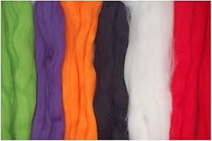 THE WOOL BARN Merino wool rovings tops Halloween colours. A mix of 6 spooky colours - orange, red, purple, green,white, black. Great for wet felting/needle felting, and hand spinning projects.