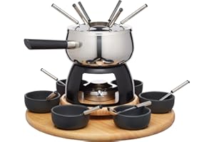ARTESA Artesà Set per Fonduta con Piatto Girevole Lazy Susan, Pentola per Fonduta in Acciaio Inossidabile con Bruciatore, Pentole per Tuffi e Utensili, Set di 22 Pezzi, Nero