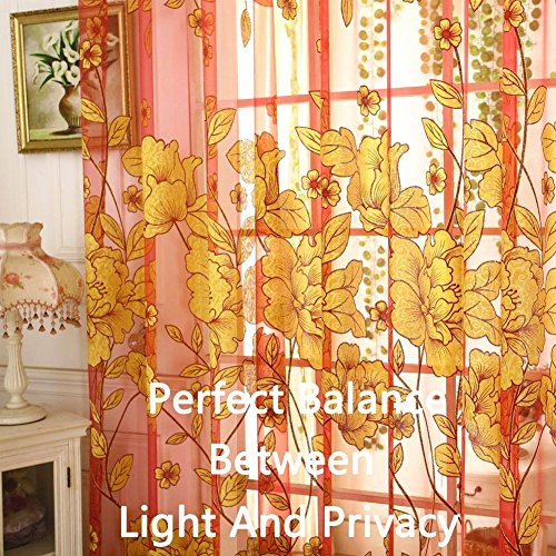 Diossad Rot Vorhang Gardine Fenster Gardine mit Blatt-Muster für Wohnzimmer Schlafzimmer Blume Fenster Voilevorhang Tüll Vorhang - 6