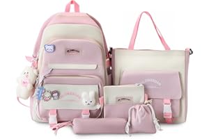 IvyH Mochilas Escolares 5 Piezas para Niñas de 8 a 16 años, Set de Mochila Colegio Adolescentes con Bolsa de Compras y Estuche para Lápices, Mochila de Viaje 45 cm, Rosa