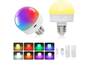 ToneRiso 2 x USB C Rechargeable Light Bulb with Remote Control, 3 W Battery Operated Bulbs, 16 Colours, Dimmable, Outdoor Camping, Emergency Bulb with E26/E27 Removable Lamp Holder