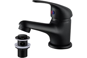 WasserRhythm Black Basin Mixer Tap with Pop Up Waste Bathroom Taps Mixers Monobloc Bathroom Sink Taps Single Handle Basin Taps Faucet with Universal Hoses