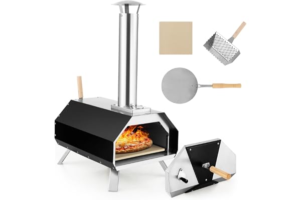 COSTWAY Four à Pizza Extérieur Portable en Acier Inoxydable avec Pierre à Pizza de 30,5cm, Four à Bois pour Pizza avec Pelle Pare-feu Pieds Pliables Cheminée Amovible pour Jardin Terrasse