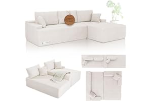 ‎JUSKYS Juskys Sofa Coredo - modernes Cord Sofa mit Ottomane rechts, gemütliche Couch mit Schaumstoffpolsterung, Cordbezug & Kissen, modular - Creme