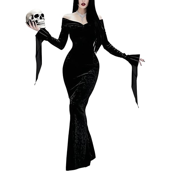 Morticia Damen Perücke – 27 Zoll Lang, Schwarz, Gerade Mittelscheitel, Für Halloween, Cosplay & Alltag