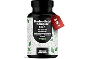 ‎BLOOM NATURALS BEAUTY SUPPLEMENTS Mariendistel Artischocke Löwenzahn Komplex Hochdosiert – 90 Kapseln – 5-in-1 Komplex mit Mariendistel, Artischocke, Löwenzahn, Desmodium & Cholin – Vegan, Laborgeprüft