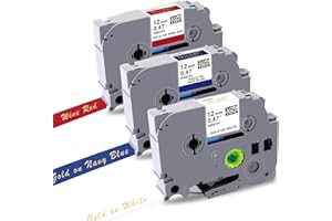 UNOKA 3X Satin Ribbon Label Tapes Compatible for Brother P-Touch Tze TZ TZe-R234 TZe-RN34 TZe-RW34, Gold on White/Navy/Red for P Touch Embellish PT-H200 PT-1000 1005 D210 E110 GL-H105, 12mm x 4m