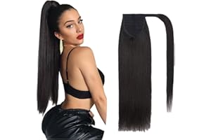 Benehair Extension Queue de Cheval Cheveux Natural, 100% Vrais Cheveux Extensions, Longue Raides Wrap Around Extension, Noir Naturel Cheval de Cheveux pour Femmes, 55CM 95g #1B
