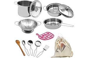 LECHNICAL Toy Pots and Pans Set,12 PCS Kitchen Toy Children Pots and Pans Pretend Play with Storage Bag Simulated Kitchen Toy Stainless Steel Soup Pot Pan Shovel Spoon Children Chef Role Playset Cooking Set
