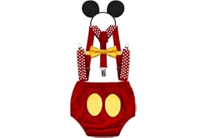 MYRISAM Déguisement de Mickey pour 1er Anniversaire Bébé Cake Smash Photo Prop pour Fête Prénatale Bloomers Noeud Papillon Bretelles Serre-tête Bandeau Carnaval Halloween Costume