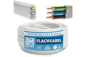 BM Electric Cable de alimentación YDYp NYM 3 x 1,5 – Cable plano para entrada de ventana | Cable plano 3 x 1,5 para instalación eléctrica | 300/500 V
