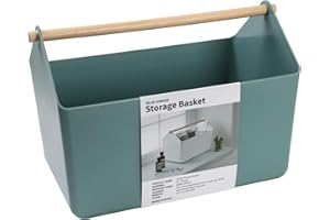 BLUE GINKGO Large Storage Basket – Plastic Caddy with Wooden Handle for Bathroom, Pantry, or Cleaning Supplies (Green)