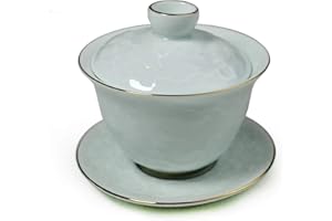 YXHUPOT Gaiwan Chinesische Sancai Terrine-Tablett, Tasse, Teeset, Schüssel, Deckel, zarter goldfarbener Draht (geprägte Blüte)