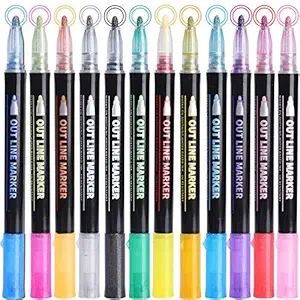 12 Colors Outline Metallic Markers Pens, Double Line Pen, Magic Glitter Drawing Pens for Greeting Cards, Craft, Posters, Painting, DIY Sketching, Child Color Pen (12)