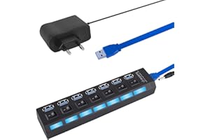 ZEVMI USB Hub 3.0 7 Port: Tragbar USB verteiler 3.0 Einzelnen LED-Netzschaltern fur Laptop, PC, MacBook und weitere USB Geräte (USB & EU netzteil)