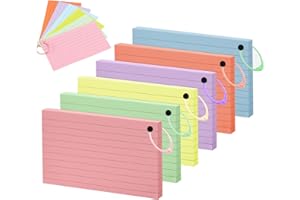Lifuncren 300PCS Fiche Bristol, Fiches Bristol 7,6 x 12,7 cm, 6 Couleurs Flash Cards Perforées avec 6 Anneaux de Liant, Cartes de Révision Flashcards pour Prise de Notes L’éCole Maison (005)