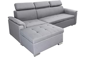 MILANI HOME S.R.L.S. Milani Home - Divano Letto Peter - Grigio Scuro - Con penisola Contenitore - Ergonomico con poggiatesta - Regolabile e Supporto Lombare - 148x88x84