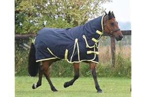 ASTILE JUMP EQUESTRIAN TURNOUT RUG HEAVYWEIGHT WINTER HORSE RUG 200G FILL 600D COMBO NECK NAVY WITH YELLOW BINDING (6'3'')