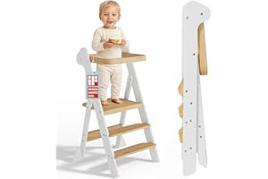 COSYLAND Torre Montessoriana Pieghevole – Torretta Montessoriana Regolabile con Design Premiato IF, Sicura, Pieghevole e Ideale per Attività di Apprendimento in Cucina e Bagno (Bianco & Naturale)
